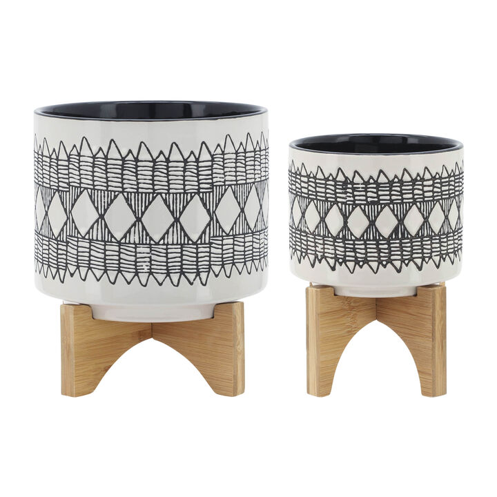 Aztec Planter on Wooden Stand, Gray Set