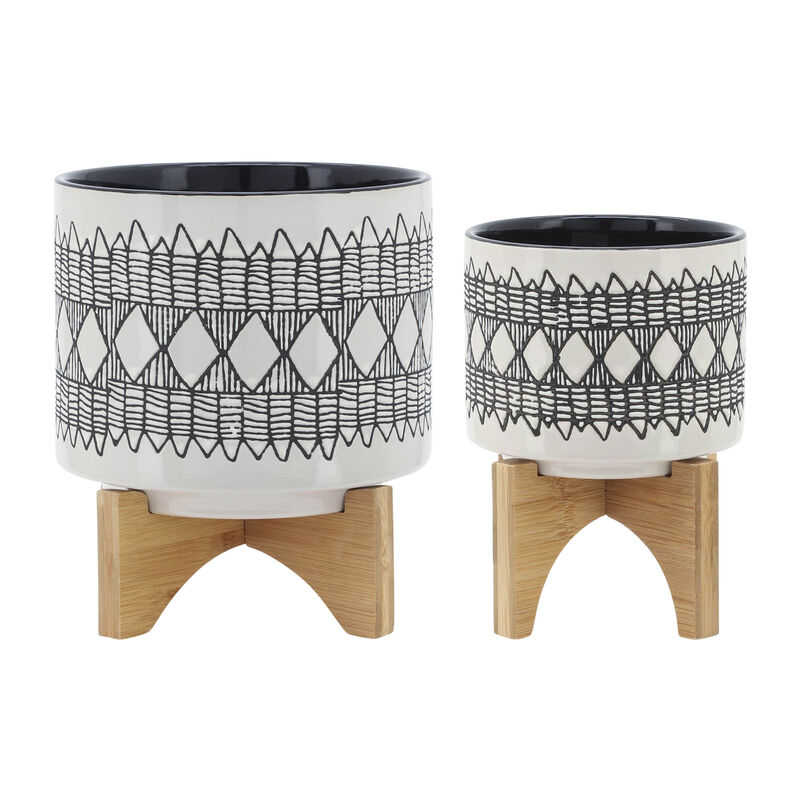 Aztec Planter on Wooden Stand, Gray Set