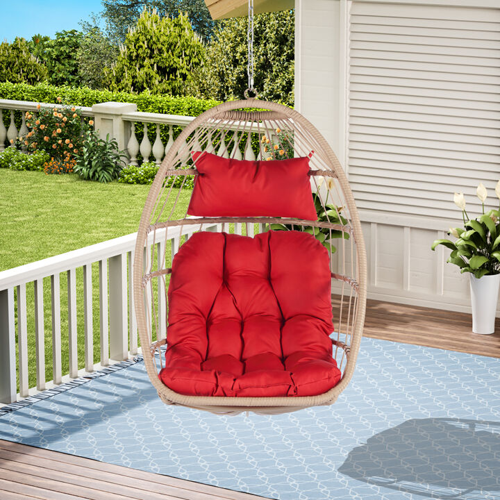Outdoor Garden Rattan Egg Swing Chair Hanging Chair Wood &Red Cushion