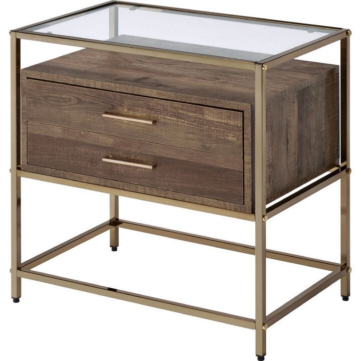 Accent Table with 2 Drawers and Metal Frame Glass Top, Brown and Gold - Benzara