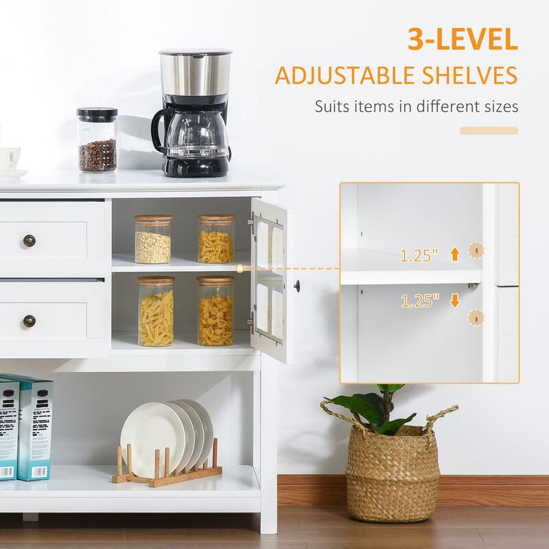 White Kitchen Buffet: Sideboard Cabinet with Glass Doors and Shelves