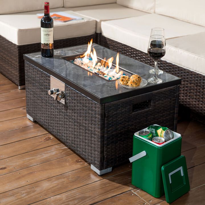 Mondawe Outdoor Rattan Fire Pits, Gas Fire Table With Tiled Tabletop