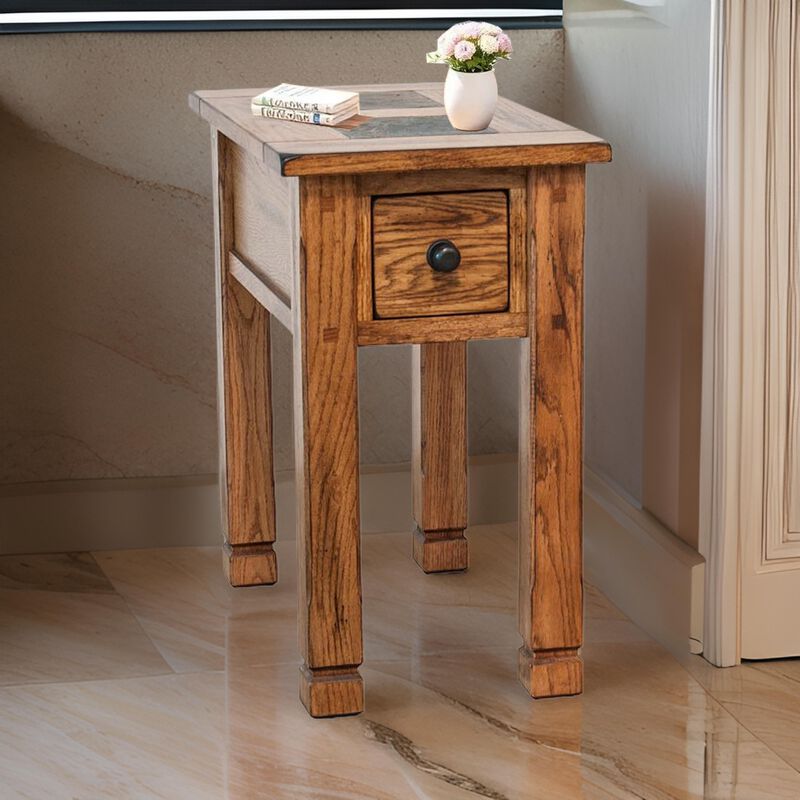Marv Accent Chair Side Table, 25 Inch Rectangular Top, Drawer, Brown - Benzara