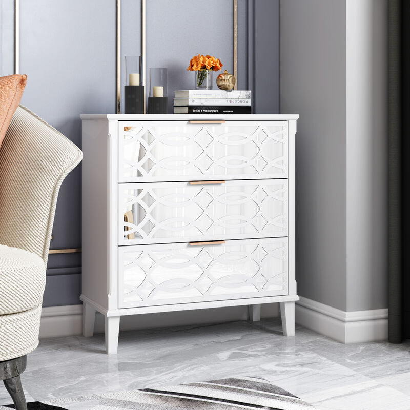 3-Mirrored Drawers White Wood Nightstands Bedside Table With Mirror Finish 11.5 in. D x 28.5 in. W x 26 in. H