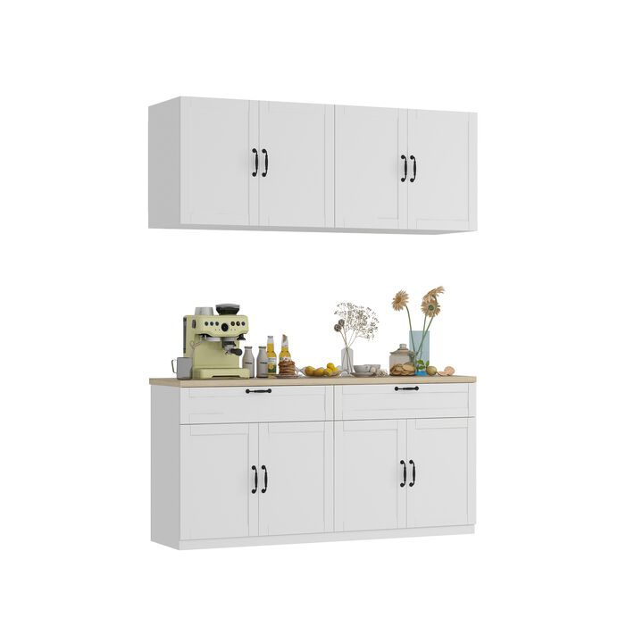 White Wooden Sideboard, Storage Cabinet, with Wall Mounted Kitchen Cabinet