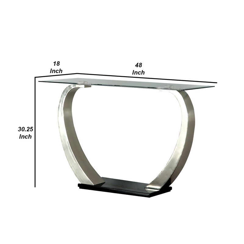 Rectangular Glass Top Sofa Table with Curved Pedestal Base, Black and Gray-Benzara