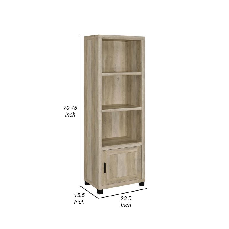 Sac 71 Inch Media Pier Tower with 3 Shelves and Cabinet, Antique Pine Wood - Benzara