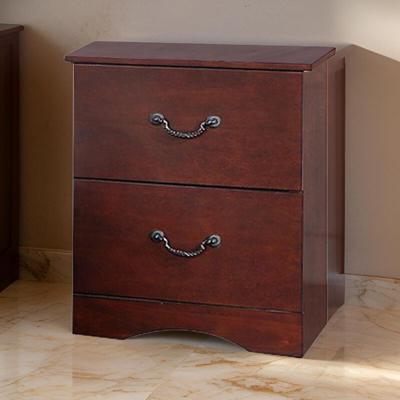 Bran 27 Inch 2 Drawer Nightstand, Pine Wood, Grain Details, Cherry Brown-Benzara