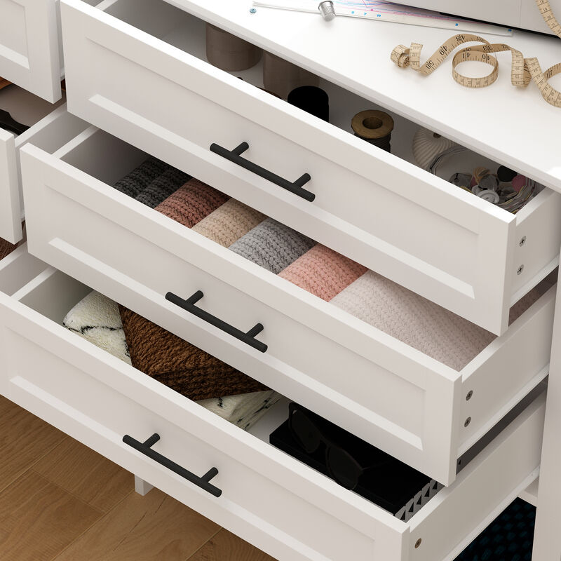 FUFU&GAGA 6-Drawer Storage Cabinet with Open Bamboo Shelf and Elegant Finish (55" W x 35.4" H x 15.7" D),White