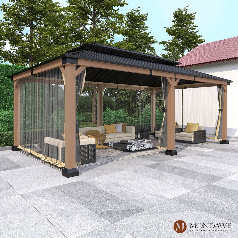 Mondawe Beverly Hills 12 ft. x 20 ft. Outdoor Fir Solid Wood Frame Patio Gazebo Canopy Shelter Galvanized Steel Hardtop Netting