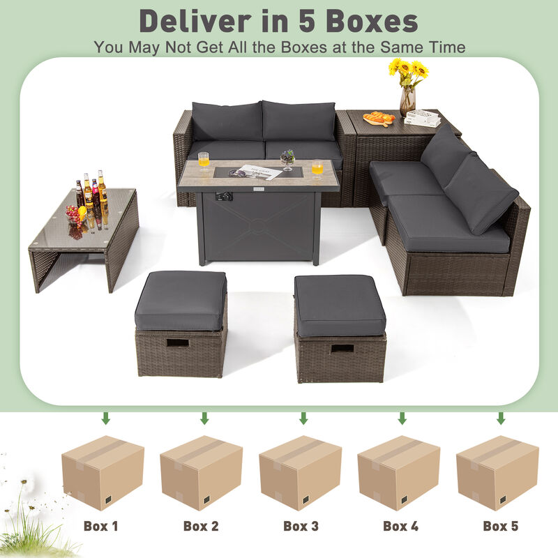 9-Piece Outdoor Patio Furniture Set with Cushions & Propane Fire Pit Table for Garden or Backyard