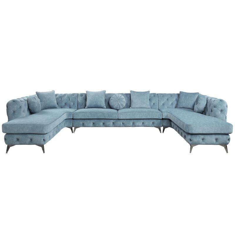 Classic Style Sectional Sofa in Deep Green Fabric with 7 Pillows