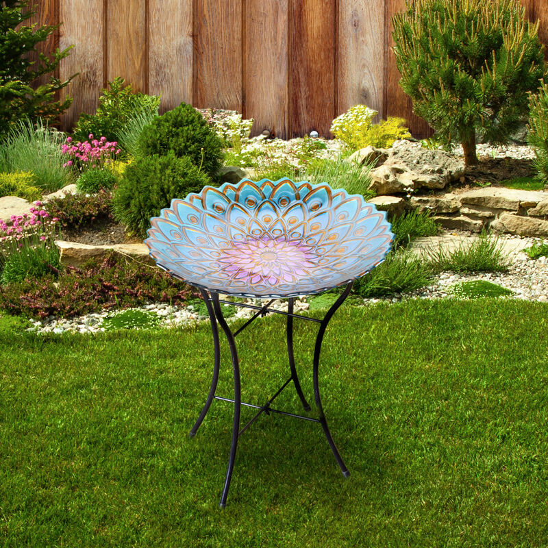 Teamson Home - Outdoor 18 Inch Handpainted Mosaic Flower Fusion Glass Bird Bath w/ Stand