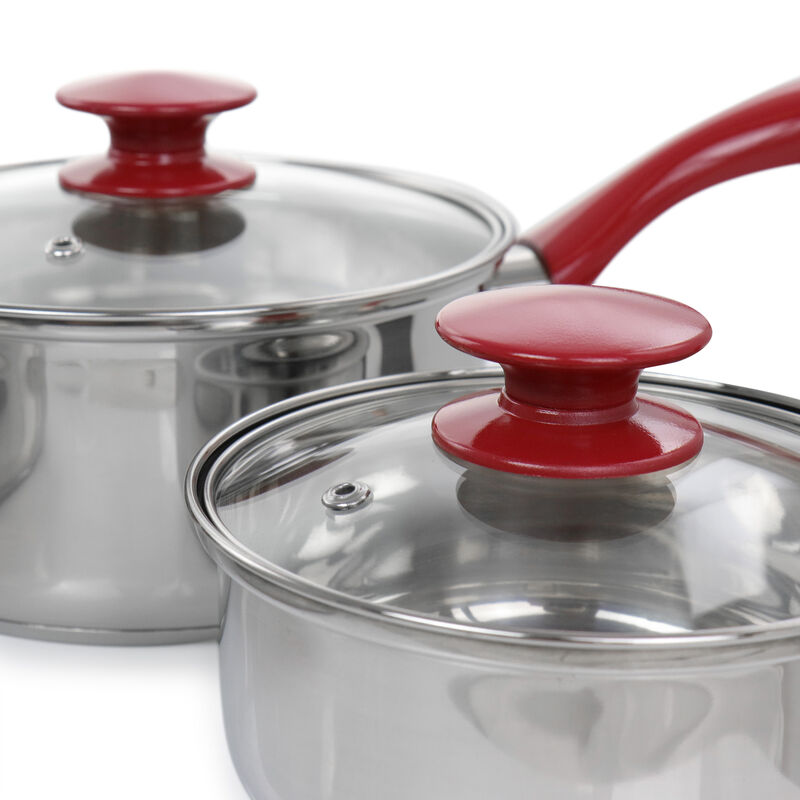 Gibson Home Crawson 7 Piece Stainless Steel Cookware Set in Chrome with Red Handles