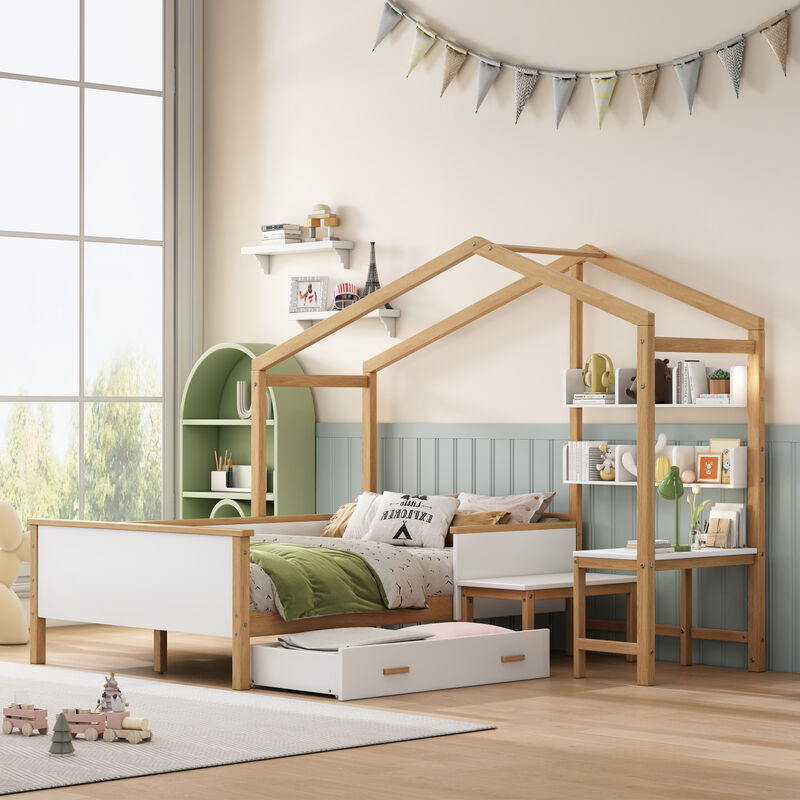 Streamdale Wooden House Bed with Desk, Drawer & Bookshelf