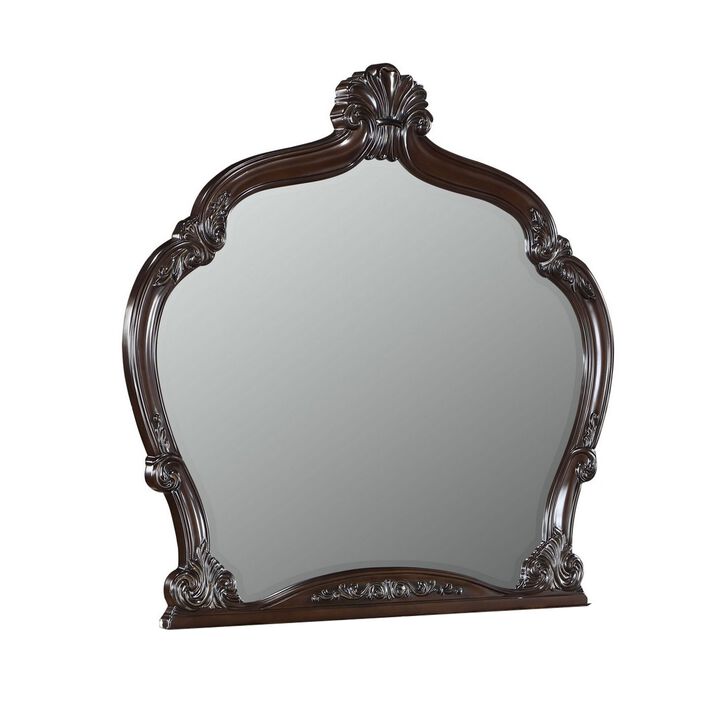 Benjara Brown Faya 47 x 50 Dresser Mirror, Traditional, Floral Carved Walnut Wood