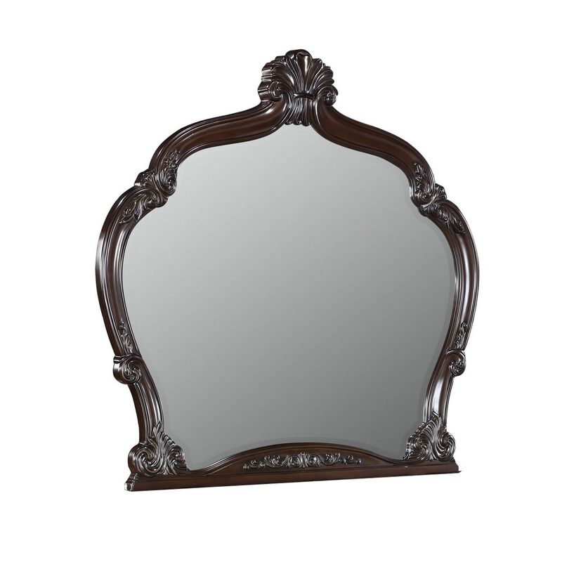Benjara Brown Faya 47 x 50 Dresser Mirror, Traditional, Floral Carved Walnut Wood