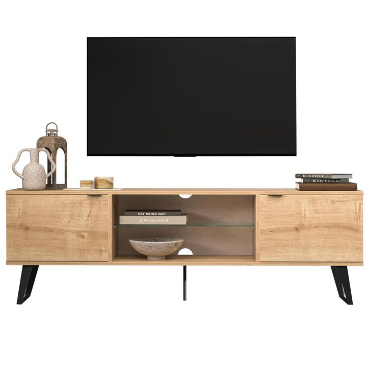 Atelier Mobili Mid Century Modern Door Glass Shelf TV Stand (Oak)