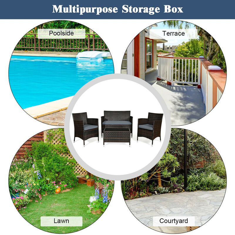 4 Pieces Comfortable Outdoor Rattan Sofa Set with Glass Coffee Table