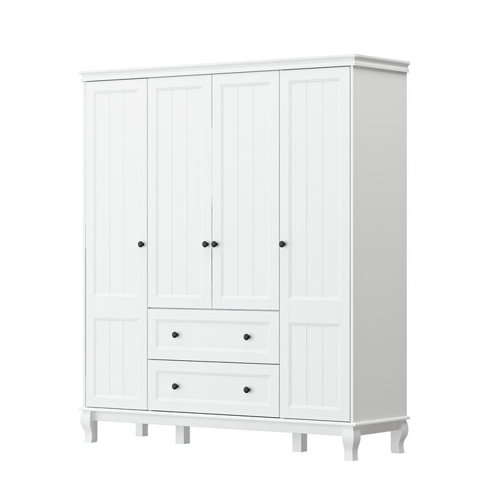 FUFU&GAGA Contemporary 4-Door Wardrobe Closet with Hanging Rod, 2 Drawers, and 4 Storage Compartments, (63" W x 18.9" D x 71.3" H), White