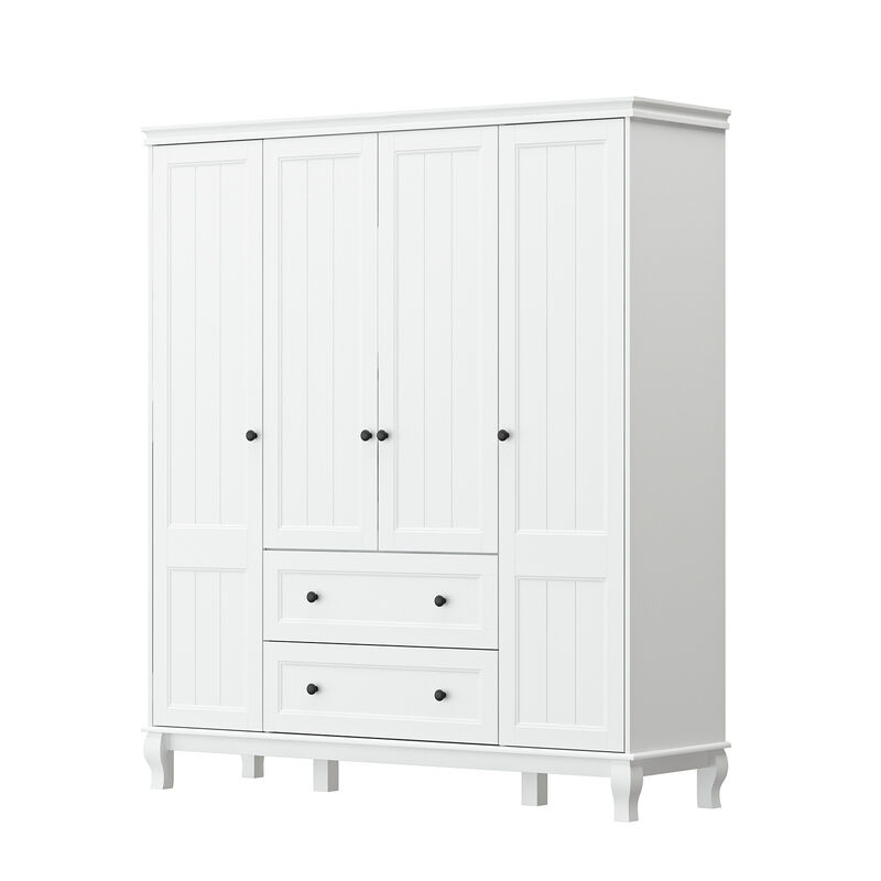 FUFU&GAGA Contemporary 4-Door Wardrobe Closet with Hanging Rod, 2 Drawers, and 4 Storage Compartments, (63" W x 18.9" D x 71.3" H), White