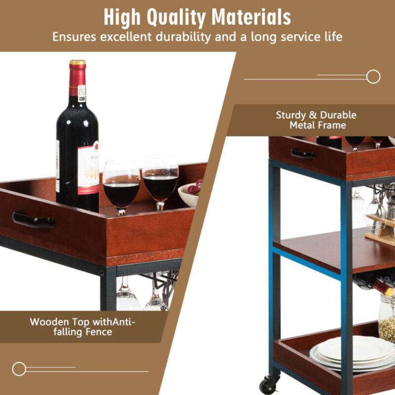 Hivvago 3 Tiers Kitchen Island Serving Bar Cart with Glasses Holder and Wine Bottle Rack
