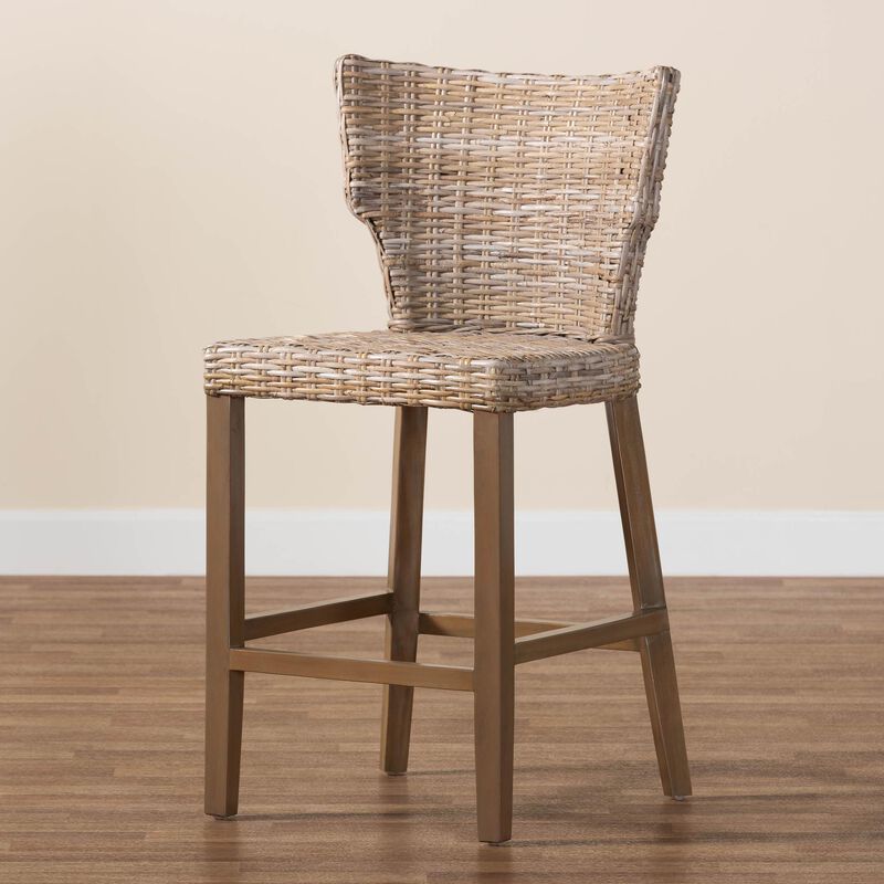Bali & Pari Enver Modern Bohemian Grey Kubu Rattan And Mahogany Wood Counter Stool