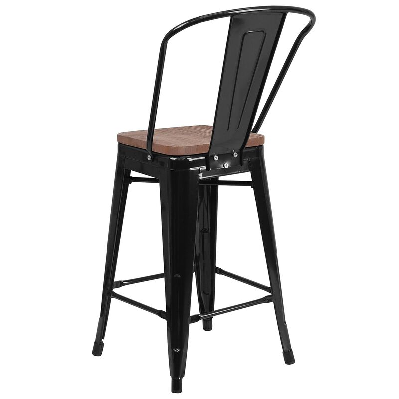Flash Furniture Lily 24" High Black Metal Counter Height Stool with Back and Wood Seat