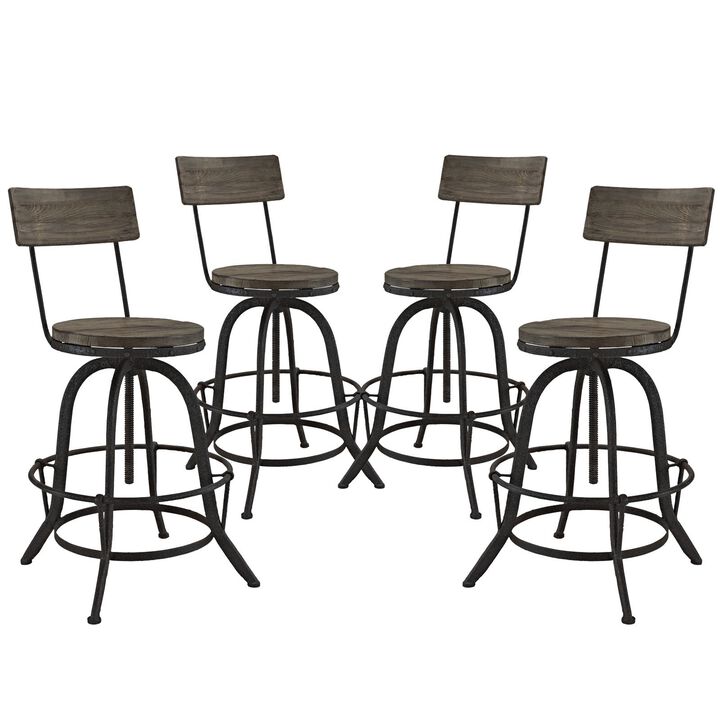 Modway Procure Rustic Farmhouse Pine Wood and Cast Iron Adjustable Height Four Bar Stools in Brown