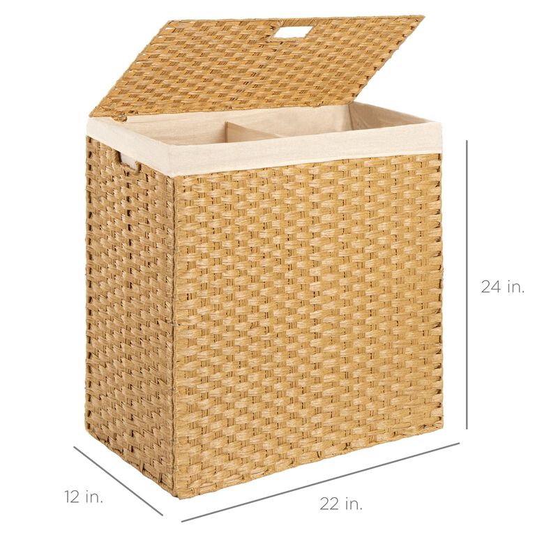 Hivvago Folding 2-Bin Natural PE Wicker Linen Liner Laundry Hamper w/ Handles