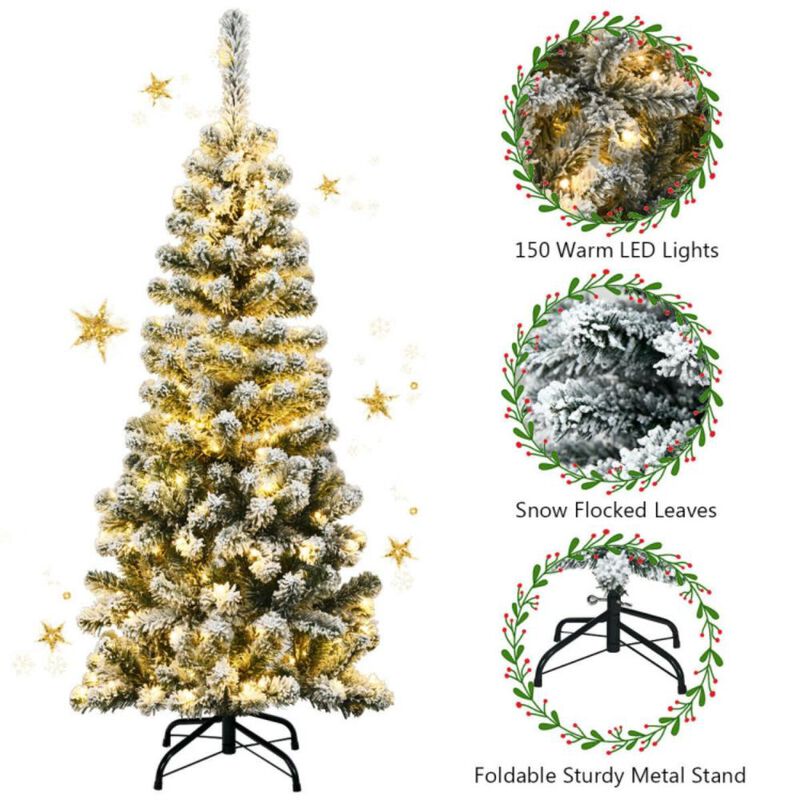 Hivvago 4.5 Feet Pre-Lit Snow Flocked Pencil Christmas Tree with 150 LED Light