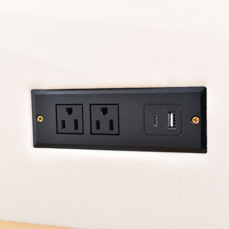 Upholstered Bed Frame with Dual USB Ports Outlets Storage Shelves and Pillows