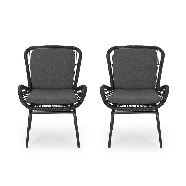 Patio Accent Chair Set of 2, Open Wicker, Round Edge, Black Iron, Gray -Benzara