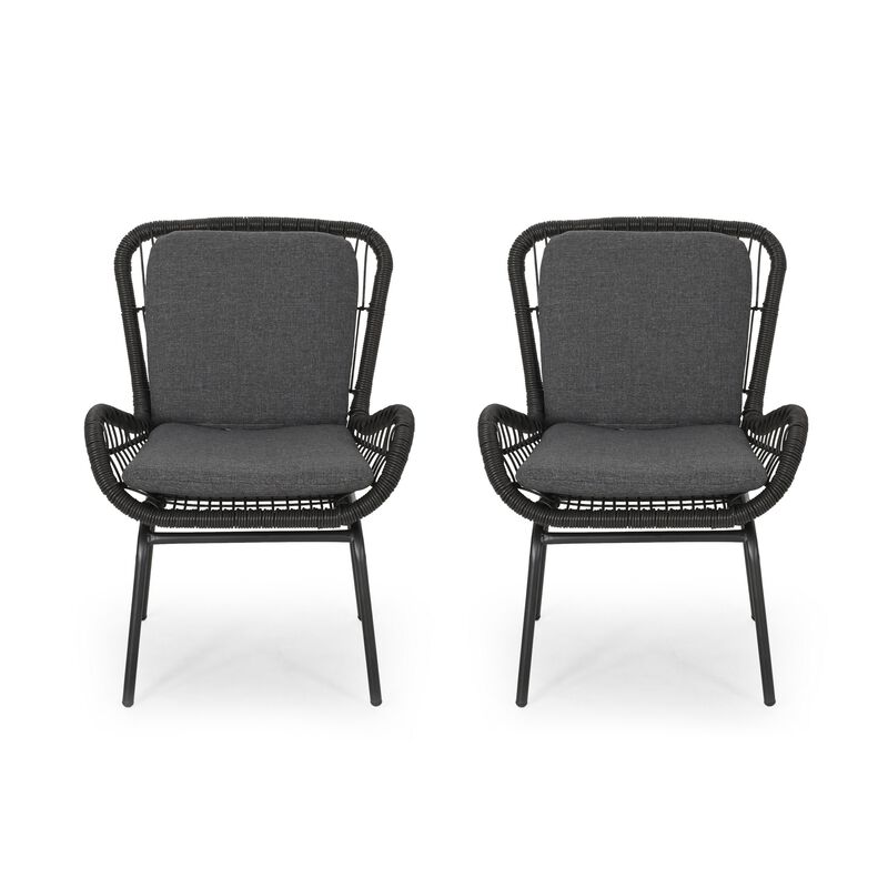 Patio Accent Chair Set of 2, Open Wicker, Round Edge, Black Iron, Gray -Benzara