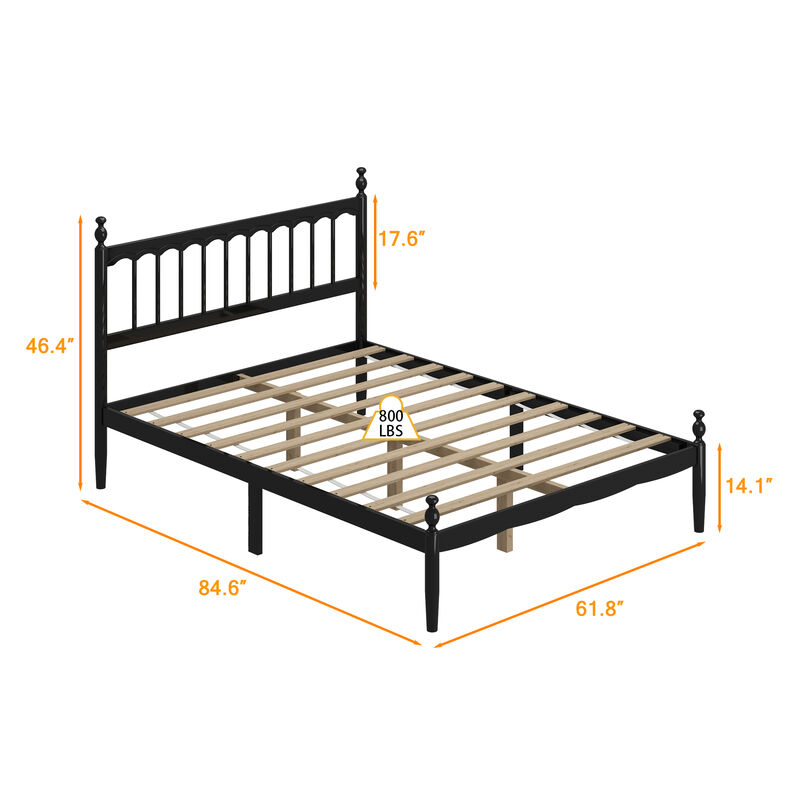 FUFU&GAGA Modern Black Metal Bed Frame with Rubberwood & Pine Slats (84.6" L x 61.8" W x 46.4" H), Black