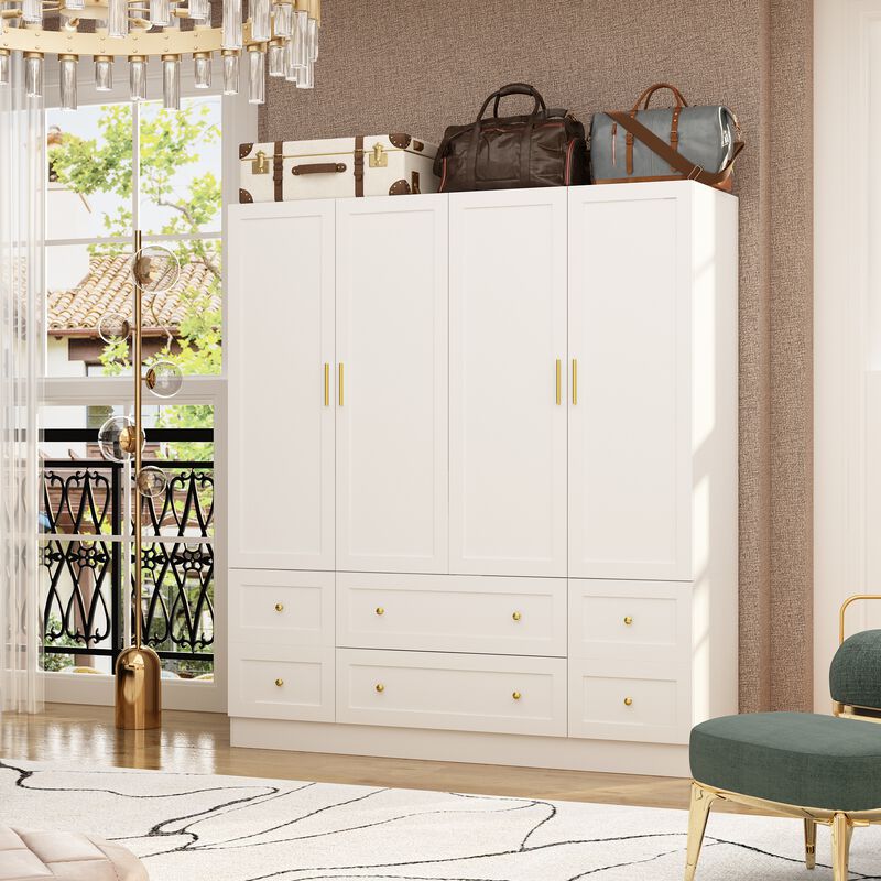 FUFU&GAGA Four-Door Wardrobe with Six Drawers and Adjustable Shelves (63" W x 19.7" D x 70.9" H),White