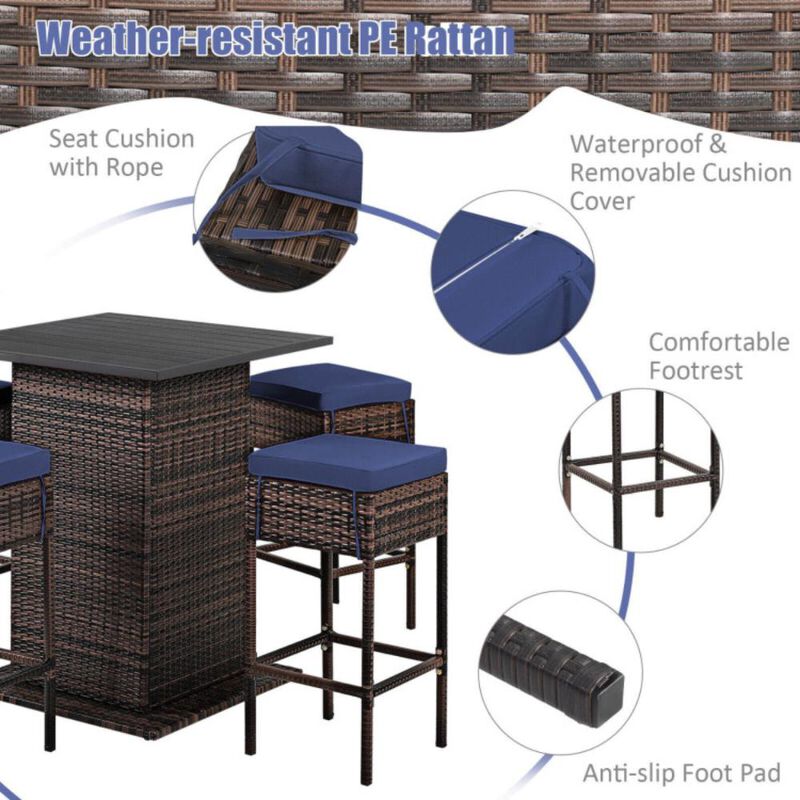 Hivvago 5 Pieces Patio Rattan Bar Furniture Set with Cushions and Hidden Storage Shelf