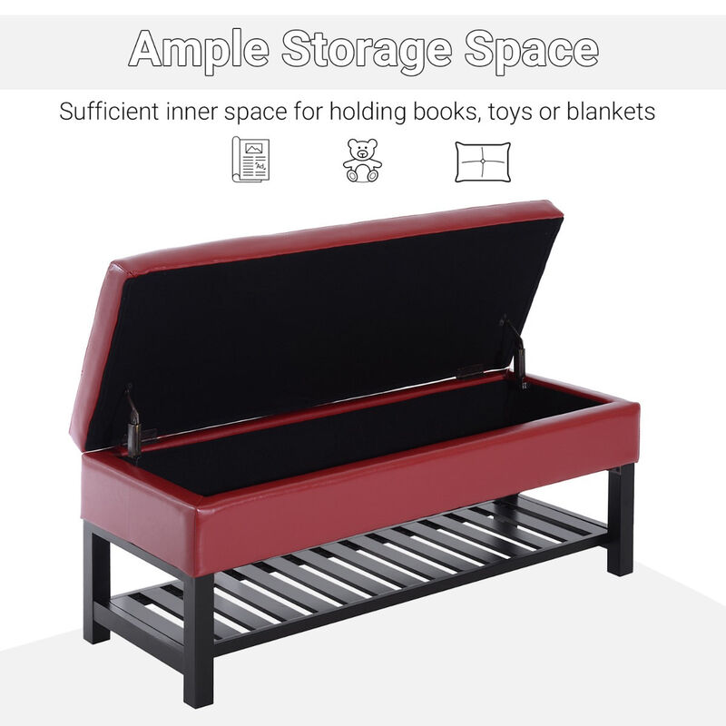 Bold Storage Solution: 44" Crimson Faux Leather Tufted Ottoman Bench