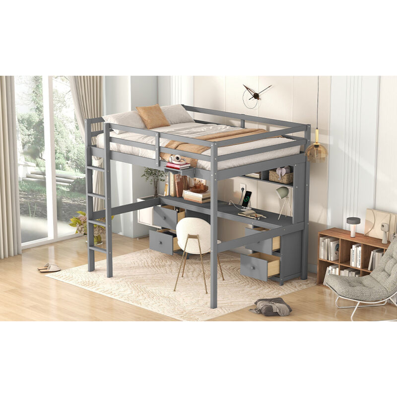 Full Size Loft Bed With Desk, Cabinets, Drawers And Bedside Tray, Charging Station