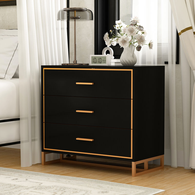 FUFU&GAGA Modern Black 3-Drawer Dresser with Gold Trim, Metal Handles & Base – Stylish Storage Cabinet for Bedroom(31.5"W x 15.7"D x 28.7"H),Black