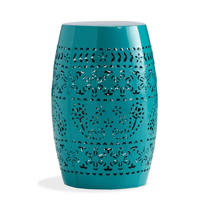 Outdoor Garden Stool Side Table, Lace-Cut 12 Inch Top, Teal Iron - Benzara
