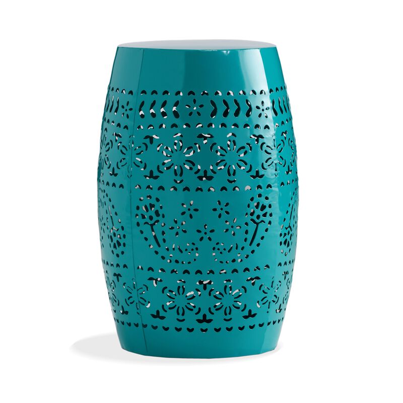 Outdoor Garden Stool Side Table, Lace-Cut 12 Inch Top, Teal Iron - Benzara