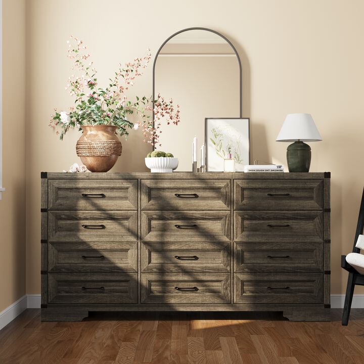 FUFU&GAGA 12-Drawer Dresser, Wood Storage Cabinet, Large dresser for Bedroom, Living Room, Hallway (63.4" W x 31.5" H x 15.4" D), Grey