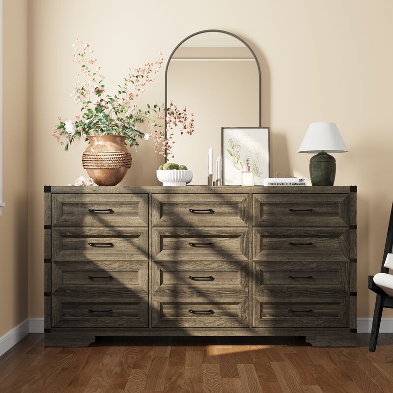 FUFU&GAGA 12-Drawer Dresser, Wood Storage Cabinet, Large dresser for Bedroom, Living Room, Hallway (63.4" W x 31.5" H x 15.4" D), Grey