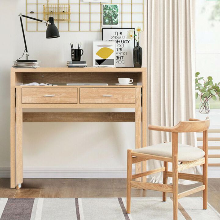 Hivvago Extendable Computer Desk with Pull Out Secondary Desk-Natural