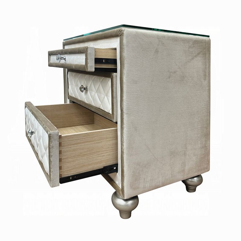 Willa Nightstand, 2 Drawers, Pull Out Tray, 27 Inch Wood, Beige Velvet - Benzara