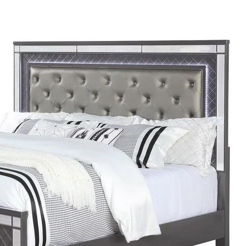 Benjara Reff Queen Size Bed, Button Tufted Fabric Upholstery, Modern Wood, Gray and Silver