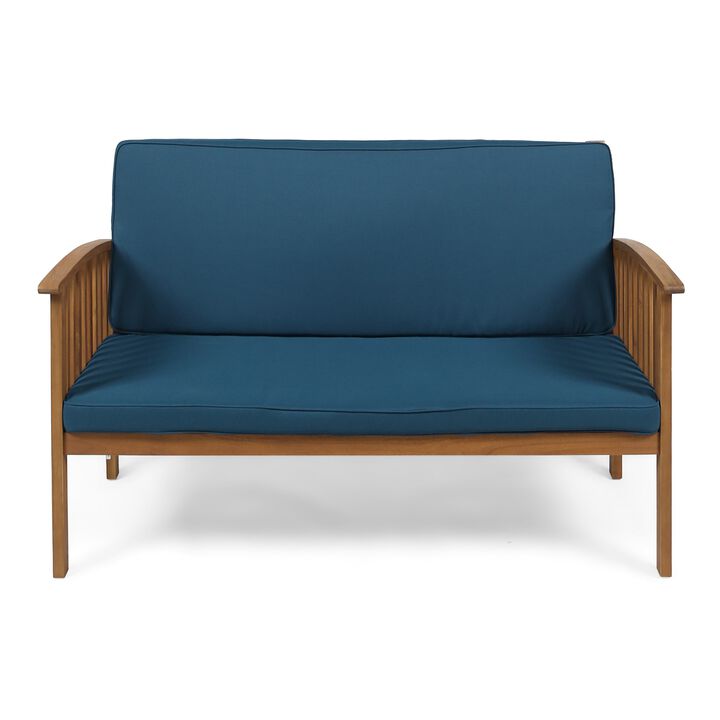 Gerry Outdoor Loveseat, Slat Panel Design, 53 Inch, Blue Cushions - Benzara