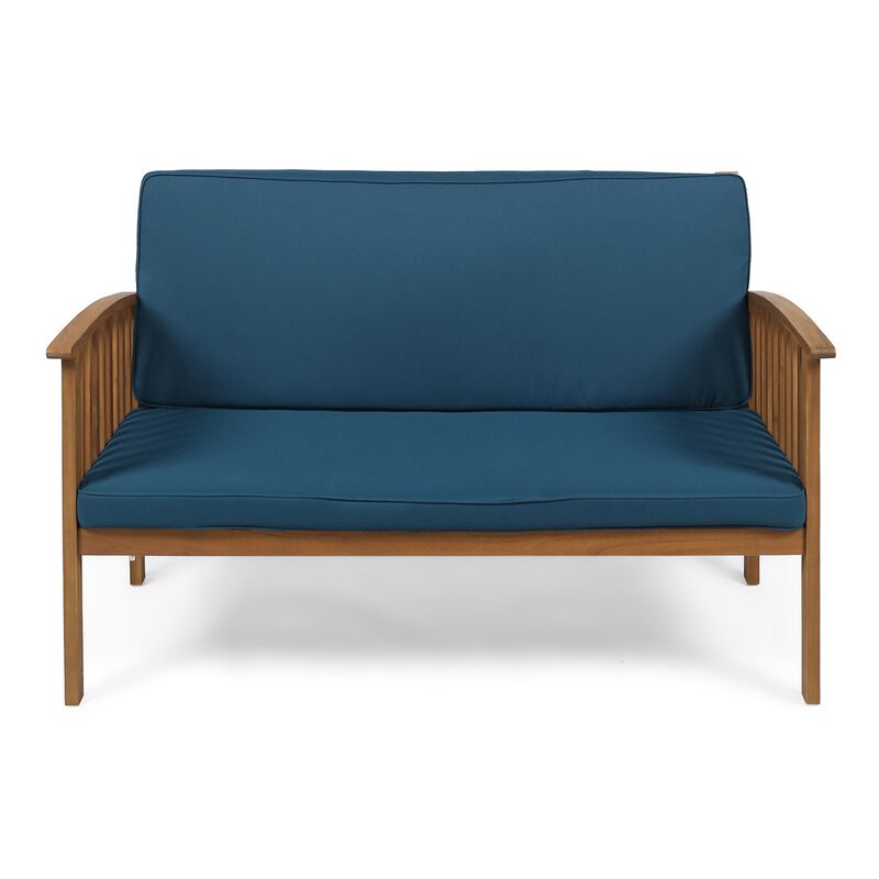 Gerry Outdoor Loveseat, Slat Panel Design, 53 Inch, Blue Cushions - Benzara