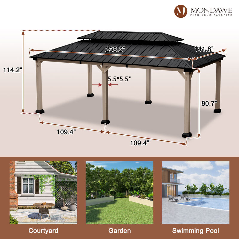 Mondawe 12 ft. x 20 ft. Outdoor Cedar Wood Frame Hardtop Gazebo Double Galvanized Steel Roof